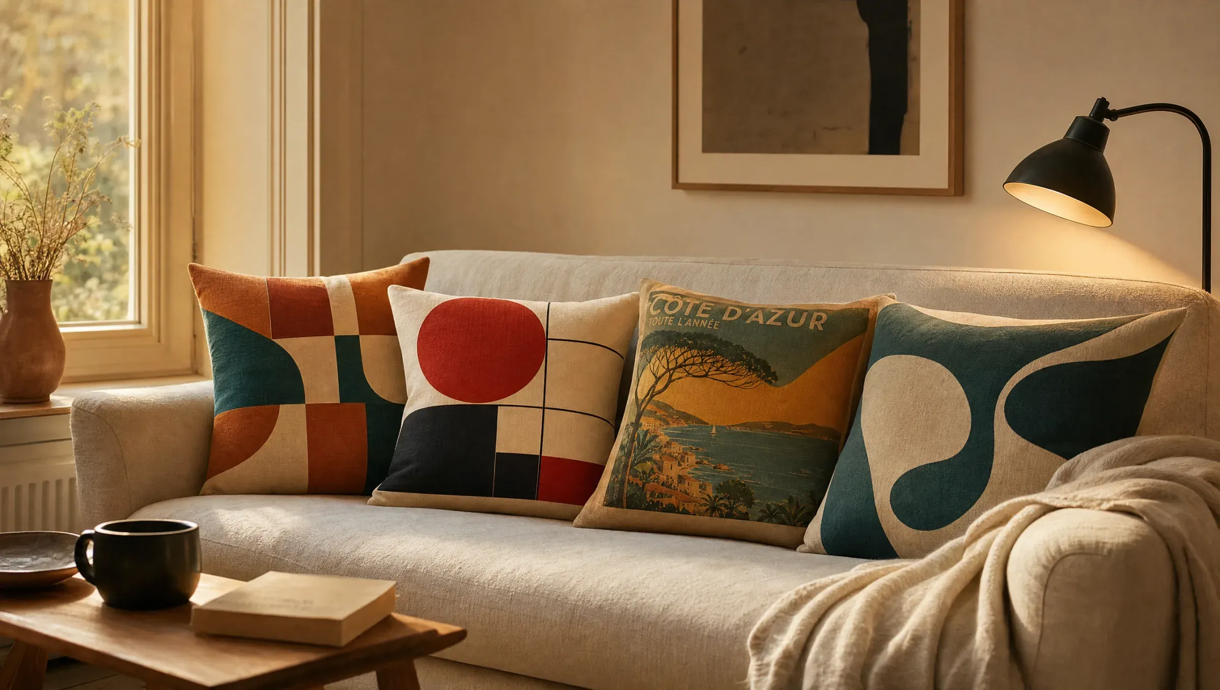 Sofa scene with four Reetro designer cushions