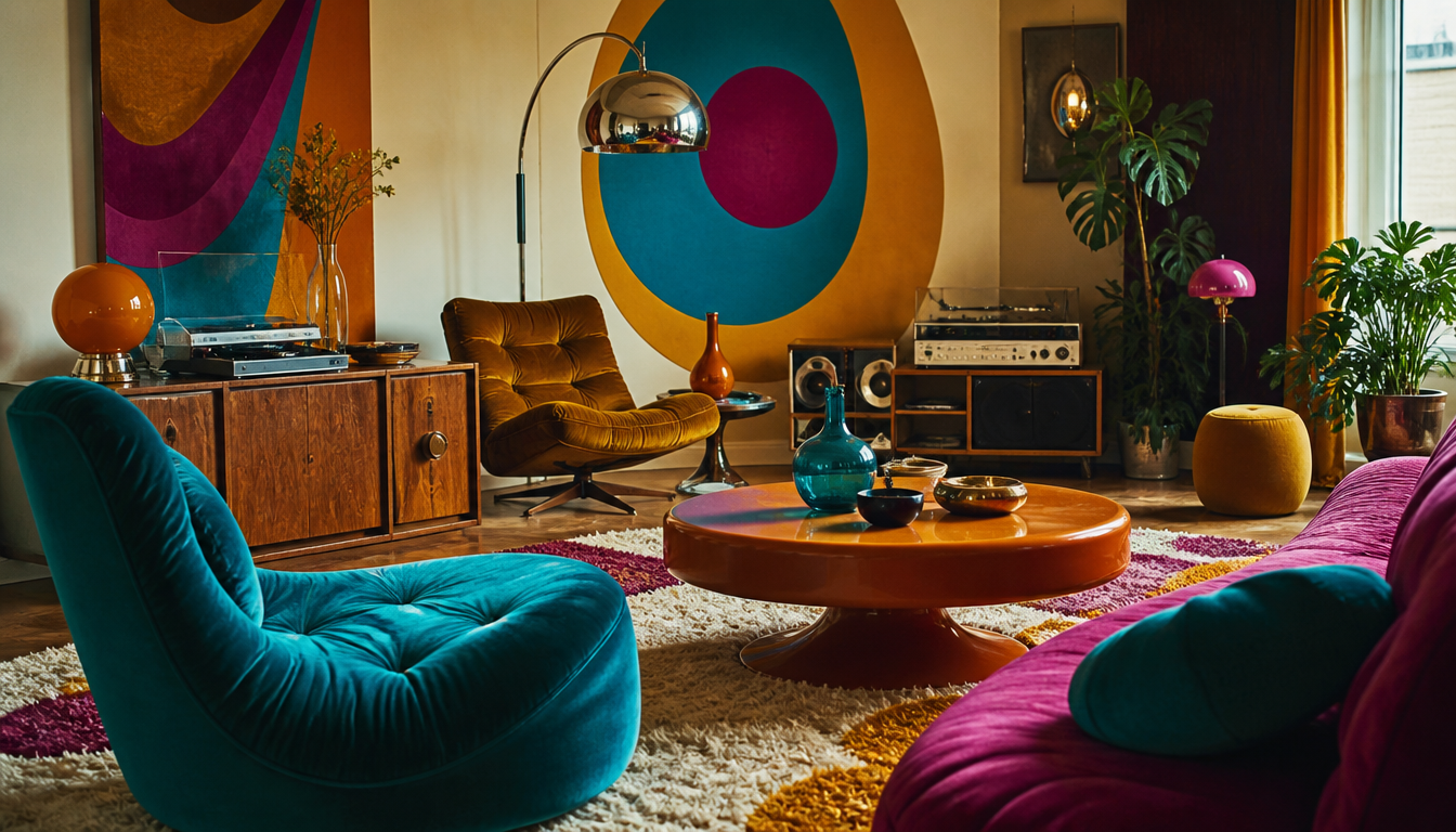 Vintage living room from the late 1960s with a curved seating landscape in magenta, a turquoise floor lamp, and a golden-brown carpet in front of a patterned wallpaper in Psychedelia style