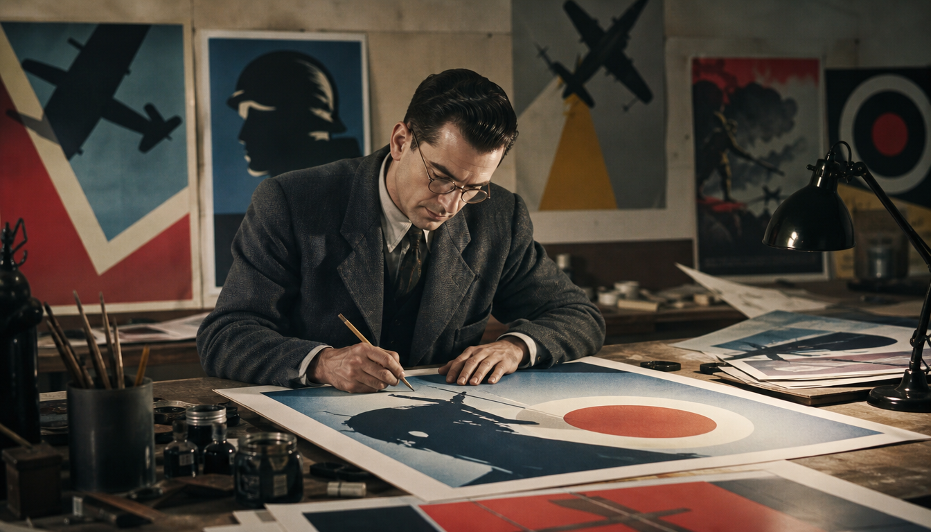 Farbkräftiges britisches Propagandaplakat aus dem Zweiten Weltkrieg mit geometrischen Formen und einer Typografie im Stil der 1940er Jahre