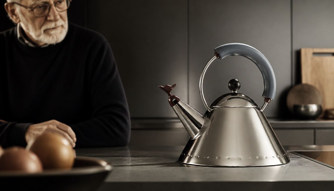 Alessi Wasserkocher 9091 von Richard Sapper aus poliertem Edelstahl mit charakteristischem Melodiepfeifer, fotografiert auf einer hellen Küchenarbeitsfläche, seitliche Ansicht