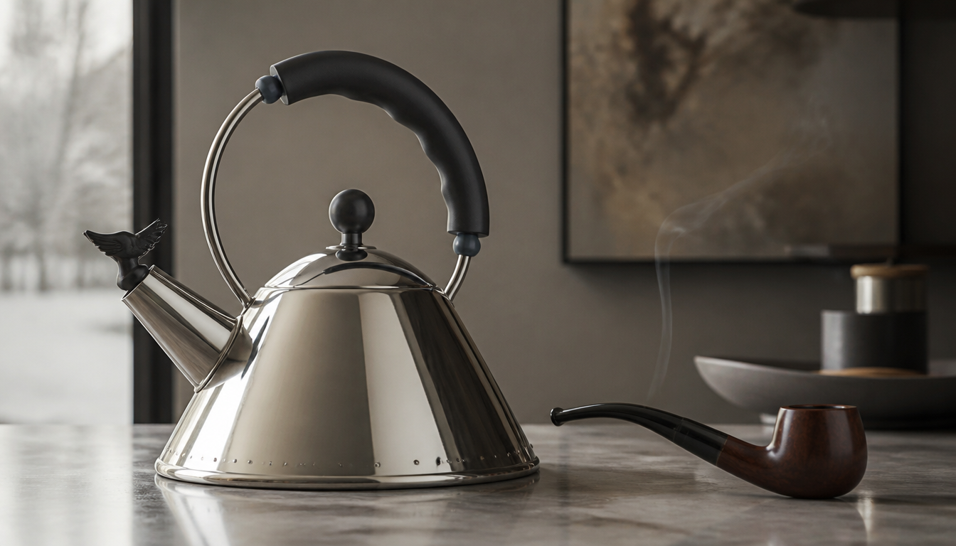 Polished stainless steel Alessi 9091 kettle by Richard Sapper with characteristic whistle attachment on a white kitchen worktop, side view, original 1983 design