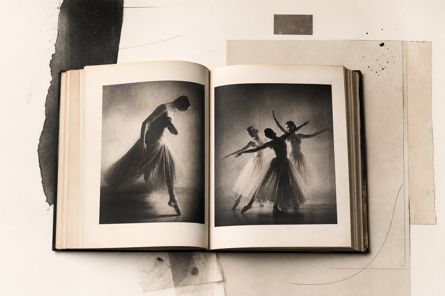 Light editorial illustration with an open mid-century photobook, soft ballet silhouettes, delicate rotogravure grain, subtle smudges, generous paper-white space, and calm black-grey-sepia tones in the spirit of Alexey Brodovitch’s Ballet from 1945