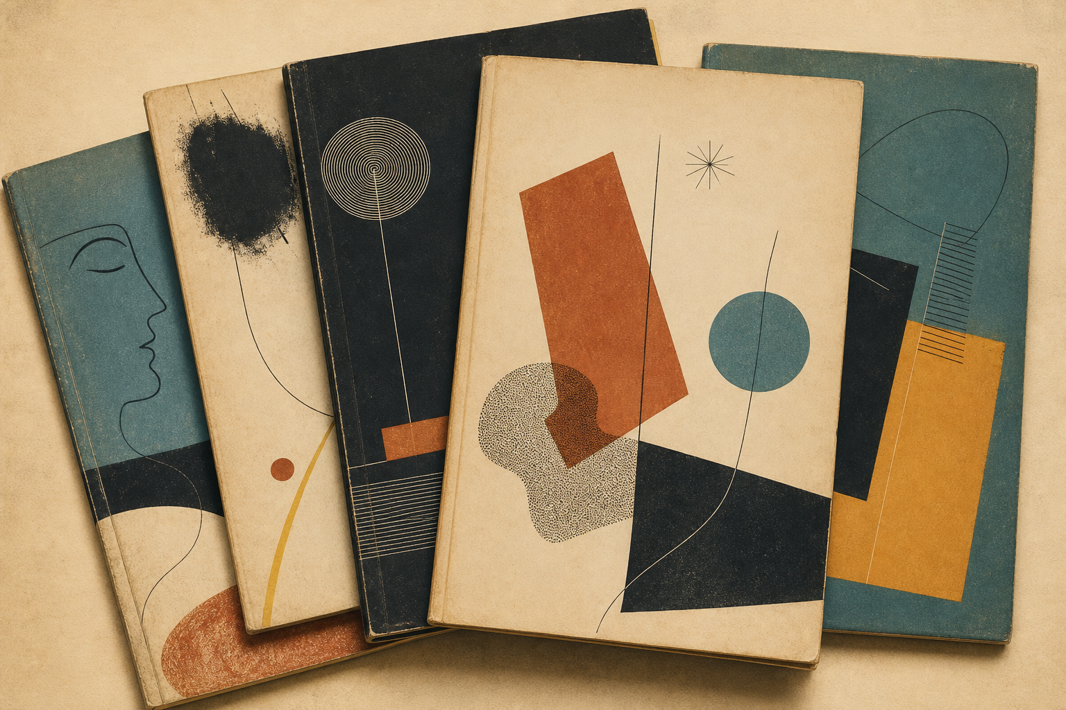 Light editorial illustration with fanned mid-century book jackets, delicate geometric forms, warm paper-white space, and muted rust, blue, and ochre tones in the spirit of Alvin Lustig’s New Directions covers