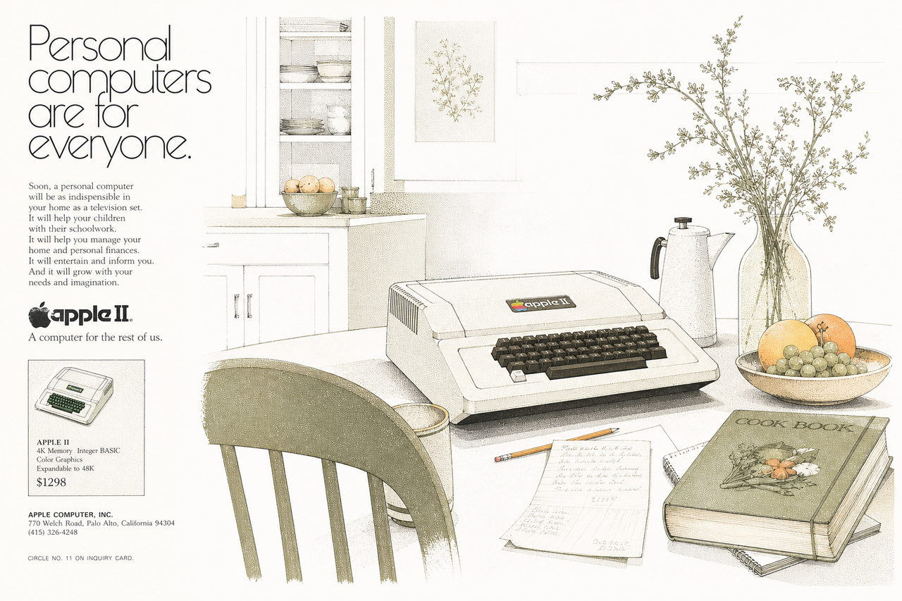 Leichte redaktionelle Illustration mit einem frühen Heimcomputer auf einem Küchentisch, viel Papierweiß, feinen Linien und sanften Beige-Oliv-Tönen im Geist einer Apple-II-Magazinanzeige von 1977