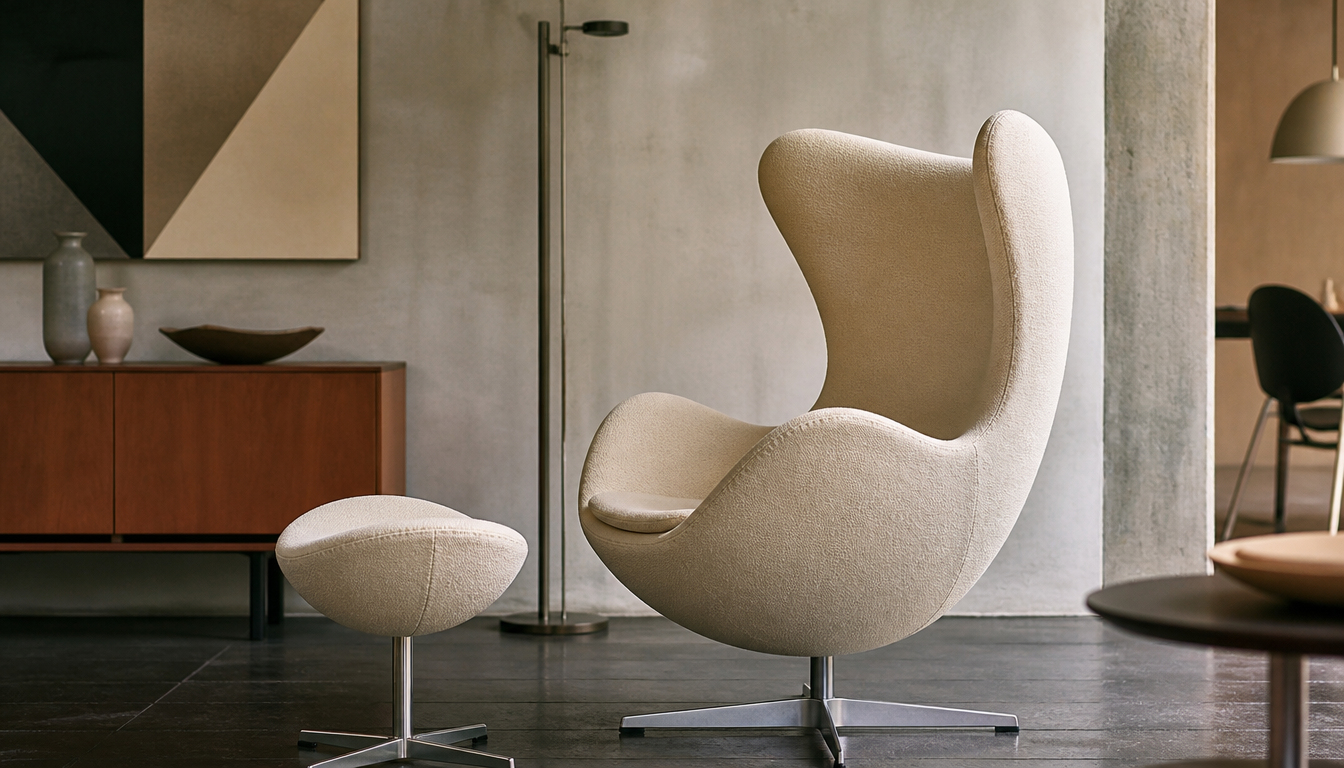 Egg Chair by Arne Jacobsen in warm caramel tone, side view against a bright studio background, Danish design classic setting, 1960s atmosphere