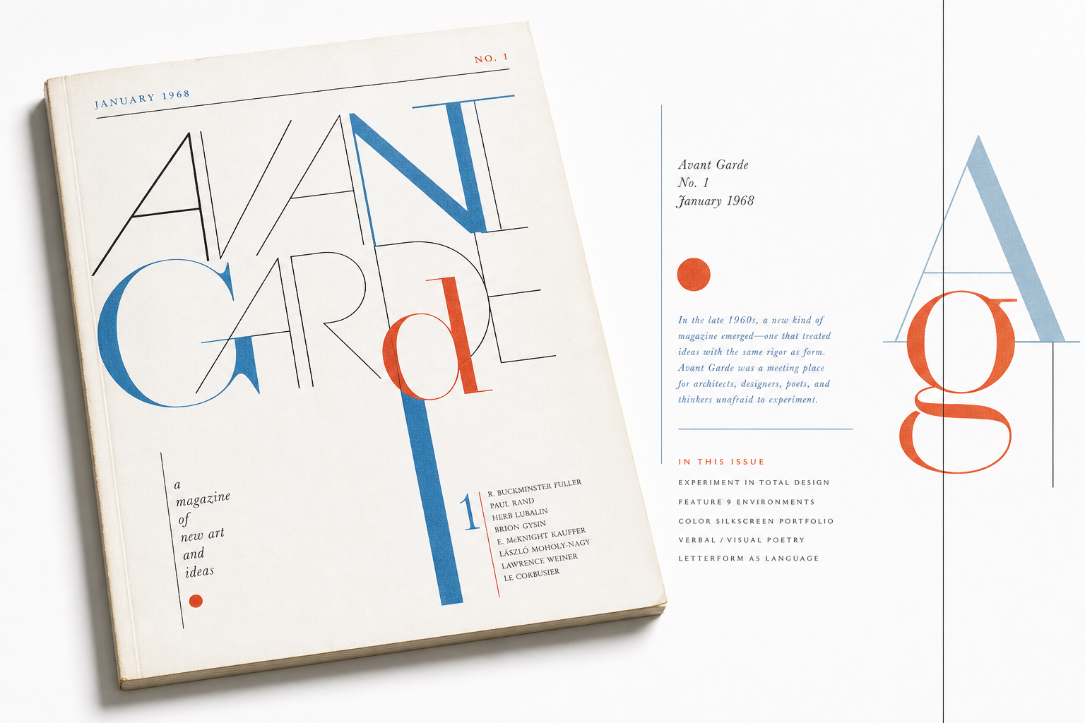 Light editorial illustration with a large magazine, delicate typographic forms, cool ice-blue accents, and generous paper-white space in the spirit of Avant Garde 1968