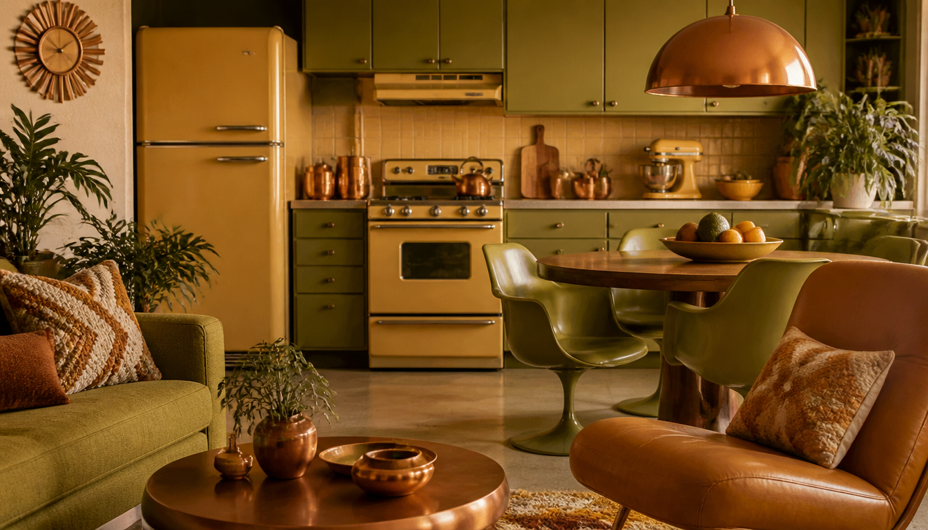 Vintage-Küche der 1970er Jahre mit Haushaltsgeräten in Avocadogrün, Harvest Gold und Coppertone, Holzfronten und typischem Retro-Interieur