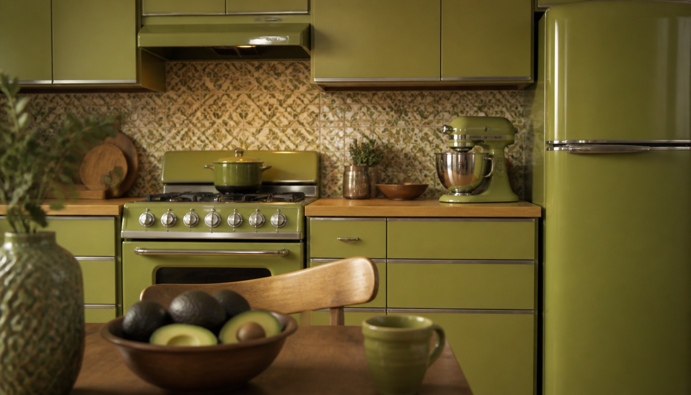 Vintage 1970s kitchen with an avocado green refrigerator, matching electric stove, and small kitchen appliances in earthy tones on a light brown wooden countertop