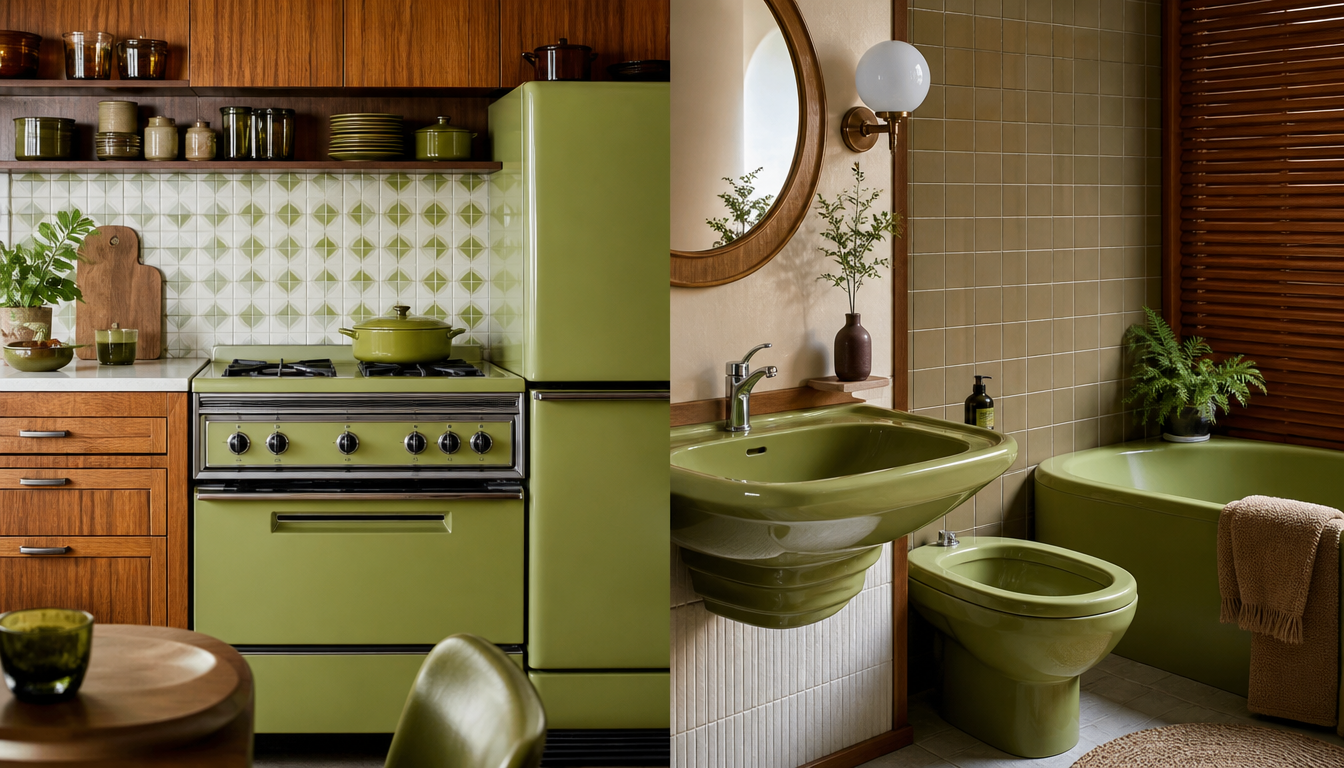 Vintage 1970s kitchen with avocado green kitchen appliances, earth-toned ceramic tiles, and a golden yellow stove in front of brown wooden cabinet fronts