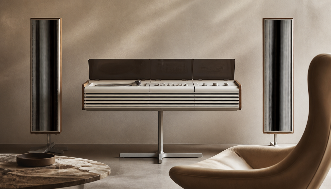 Bang & Olufsen Beosystem from the 1970s on a light wood sideboard, surrounded by plain white walls and warm light that accentuates the aluminium surface of the device