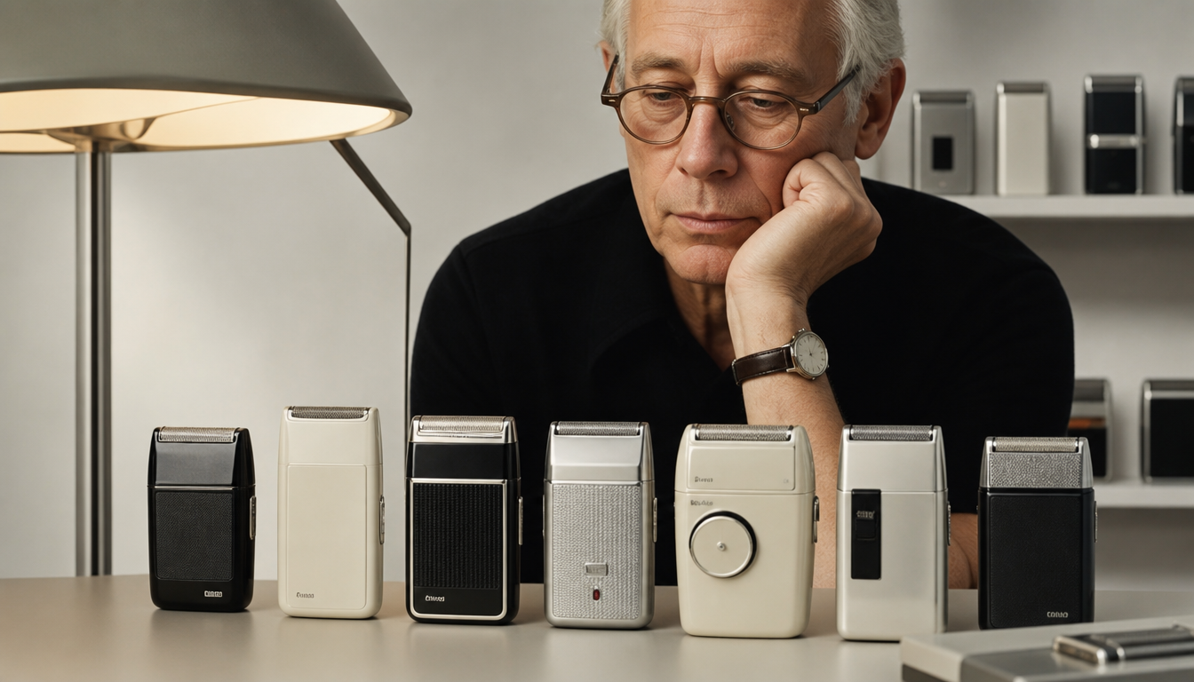 Vintage Braun Elektrorasierer aus den 1960er und 1970er Jahren auf hellem Untergrund, puristisches Industriedesign mit matter Oberfläche und klarer Linienführung nach Dieter Rams