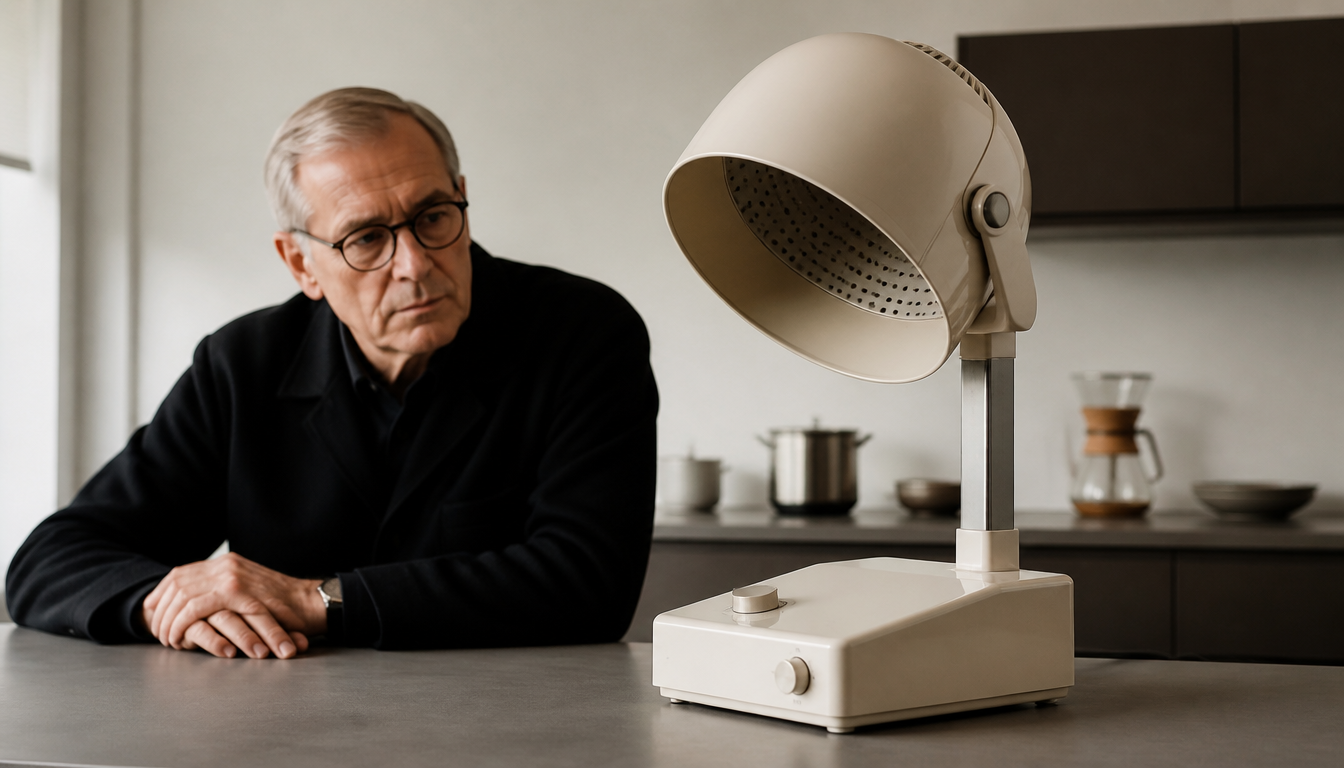 Braun HLD4 hair dryer in white and grey on a neutral background, detailed view of the purist housing and round hood from the early 1970s