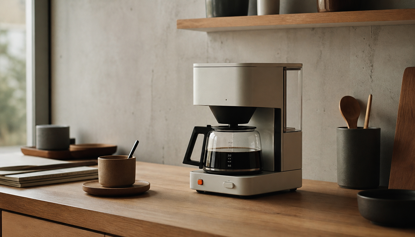 Braun KF20 Kaffeemaschine in Weiss und Chrom auf hellem Untergrund, charakteristisches Braun-Design der 1970er Jahre mit klaren Linien und minimalistischer Formgebung