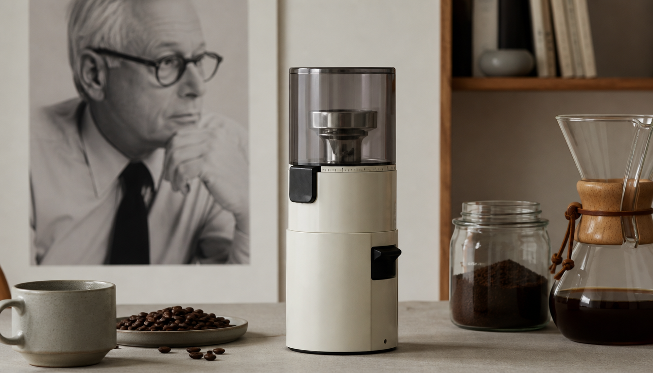 Braun Kaffeemühle KSM1 in Weiß mit charakteristischem zylindrischem Mahlbehälter und Braun-Schriftzug, fotografiert vor neutralem Hintergrund im Stil der 1960er Produktfotografie