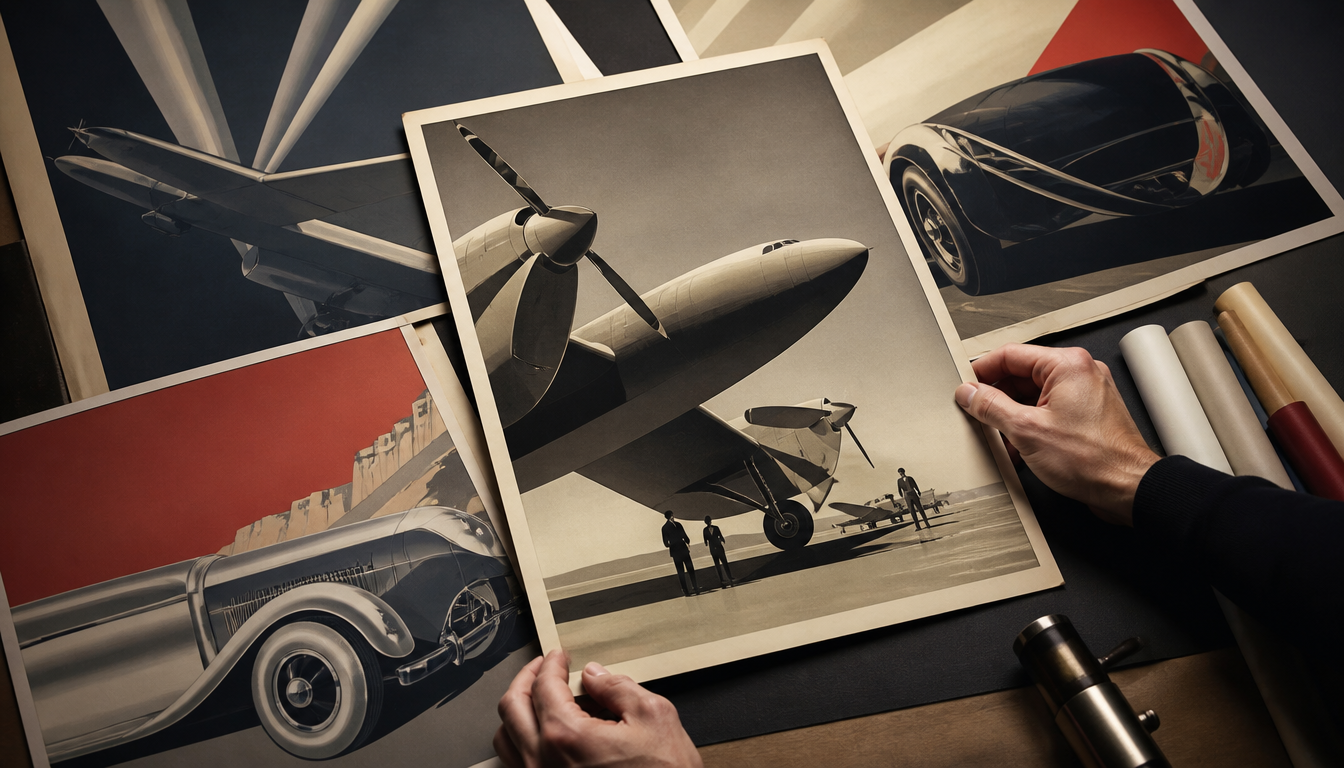 Reproduction of an Art Deco advertising poster from the 1930s featuring a stylised automobile or aeroplane in bold primary colours and geometric forms in the style of Cassandre