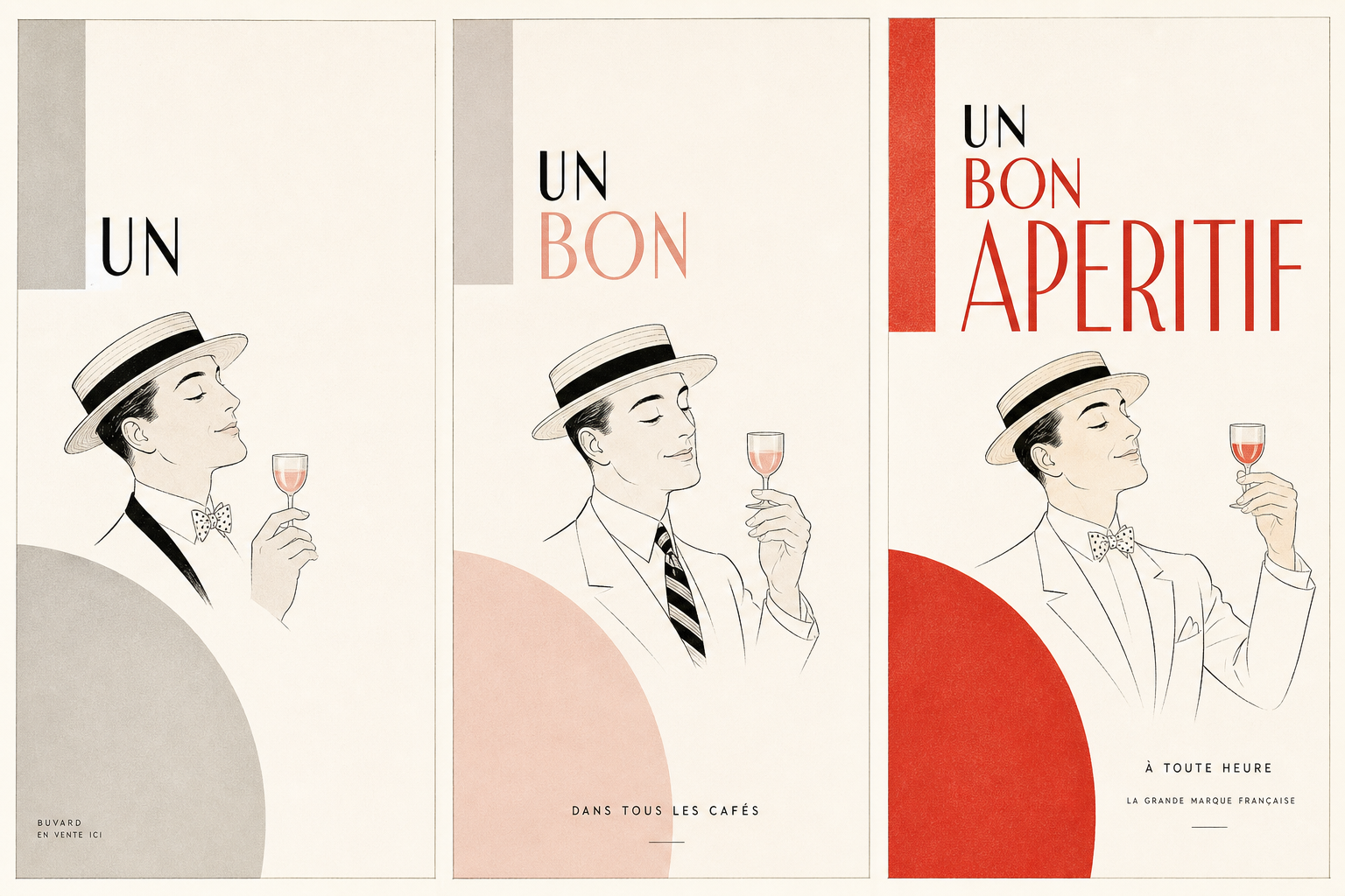 Light editorial illustration with three modernist aperitif posters, a boater-hatted figure, delicate type fragments, and a gentle red progression in the spirit of Cassandre’s Dubonnet triptych
