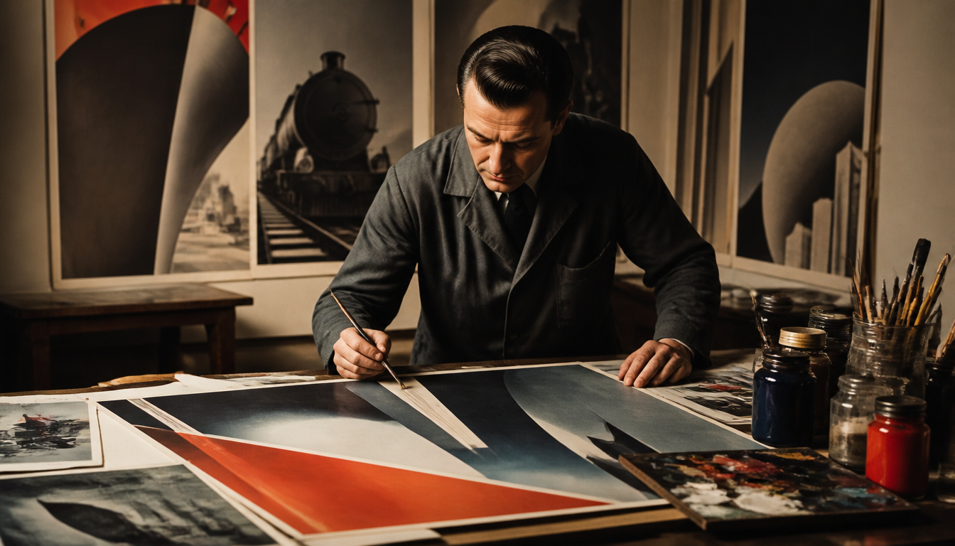 Reproduktion eines Art-Déco-Werbeplakats von Cassandre aus den 1930er Jahren mit geometrischen Formen und kräftigen Kontrastfarben in Blau, Schwarz und Rot