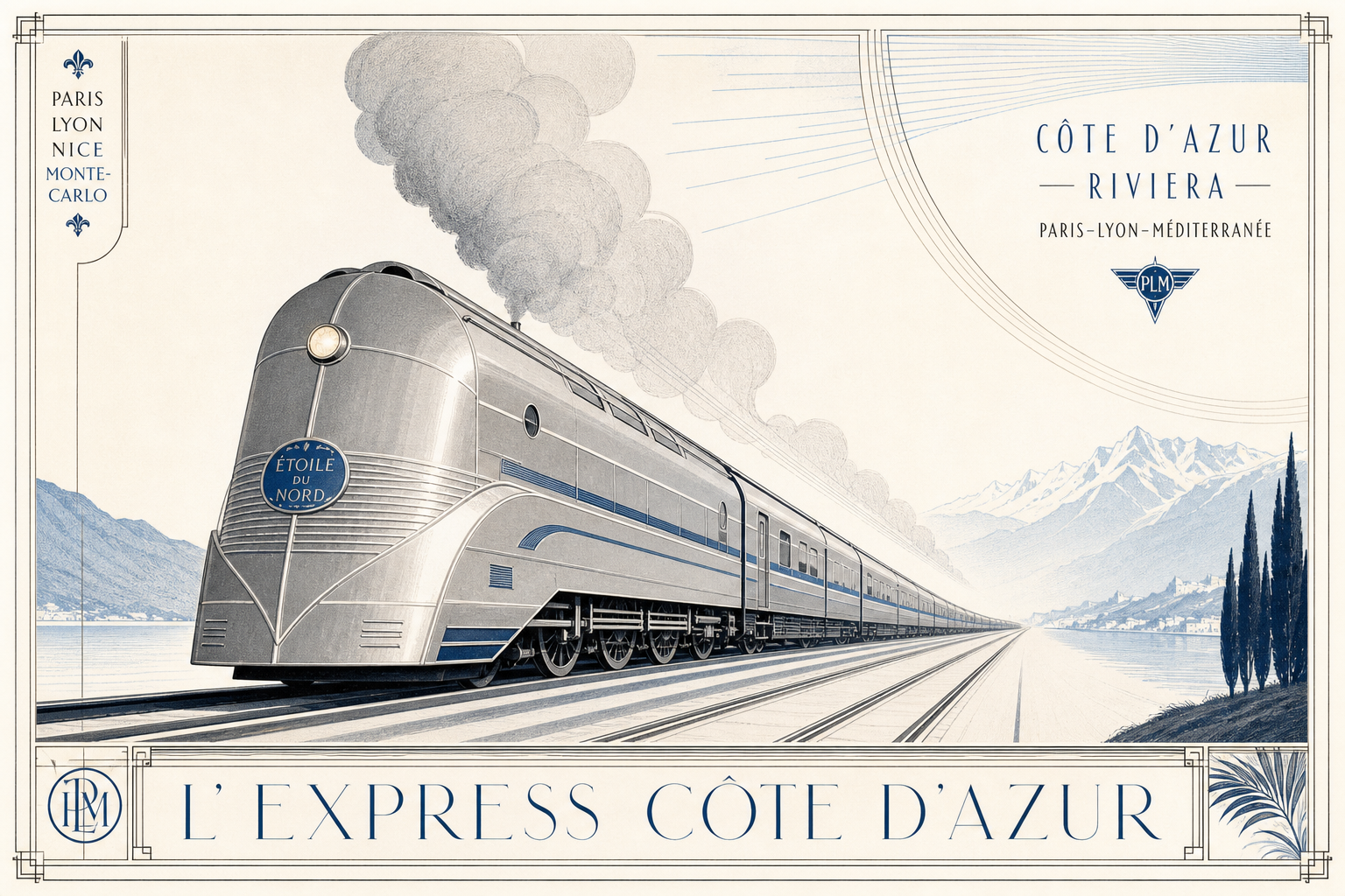 Leichte redaktionelle Illustration mit einem stromlinienartigen Expresszug in starker Perspektive, feinen Art-Déco-Linien, viel Papierweiß und zurückhaltenden Blau-Grau-Akzenten im Geist von Cassandres Nord-Express-Plakat von 1927