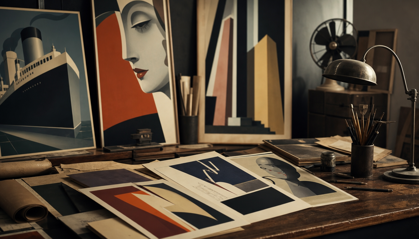 Collection of French Art Deco travel and advertising posters from the 1930s to 1950s featuring geometric shapes, bold colours and elegant typography