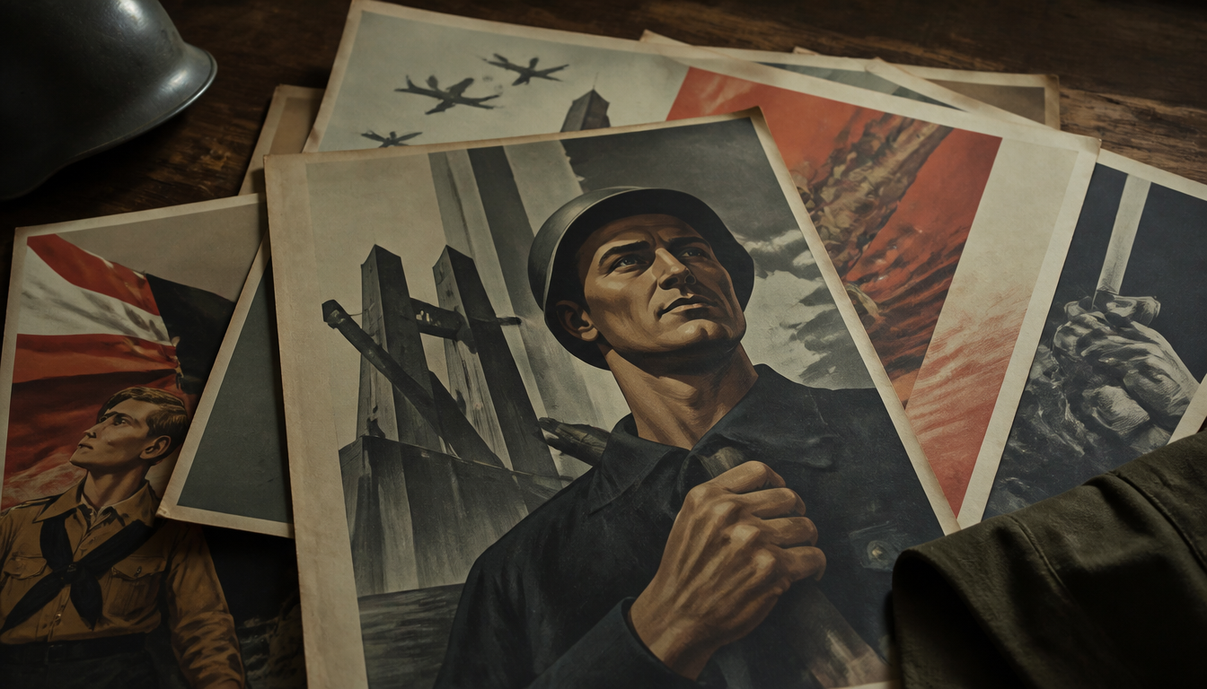 Historic German propaganda posters from the years 1933 to 1945, mounted on a weathered brick wall, featuring bold Fraktur typefaces and reduced colour fields in red, black and white