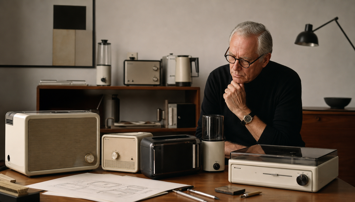 Vintage Braun Elektrogeräte aus den 1950er und 1960er Jahren auf einem Holztisch, darunter ein SK 4 Plattenspieler und ein T 3 Taschenradio in Weiß und Grau