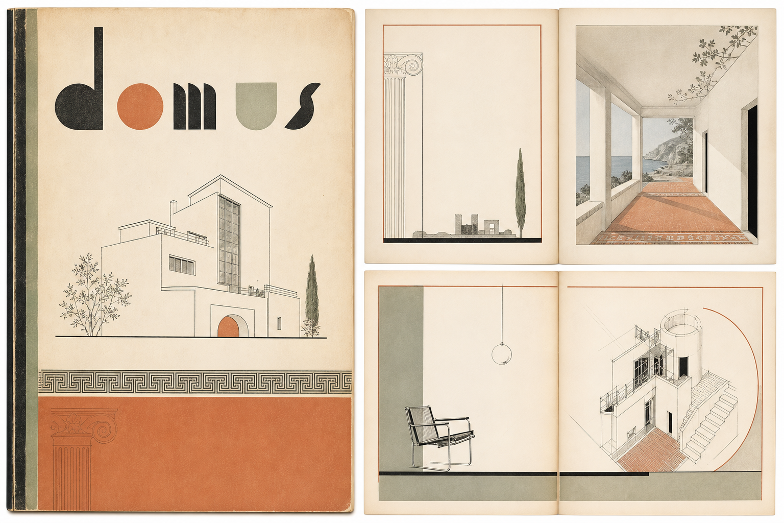 Leichte redaktionelle Illustration mit einem italienischen Designmagazin von 1928, feinen architektonischen Linien, viel Papierweiß und ruhigen Terrakotta-Salbei-Akzenten im Geist der frühen Domus