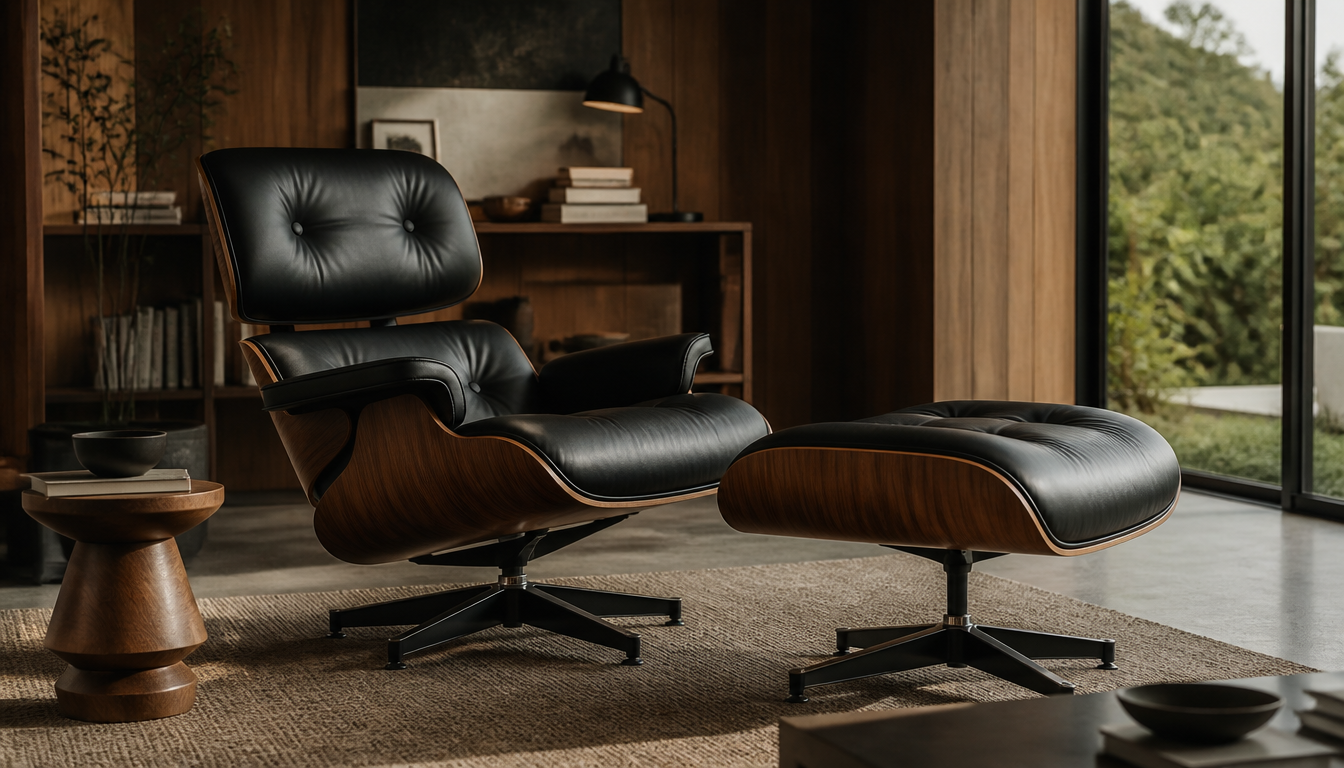 Eames Lounge Chair und Ottoman in schwarzem Leder mit Palisander-Schale vor hellem Hintergrund, Midcentury-Modern-Design von Charles und Ray Eames