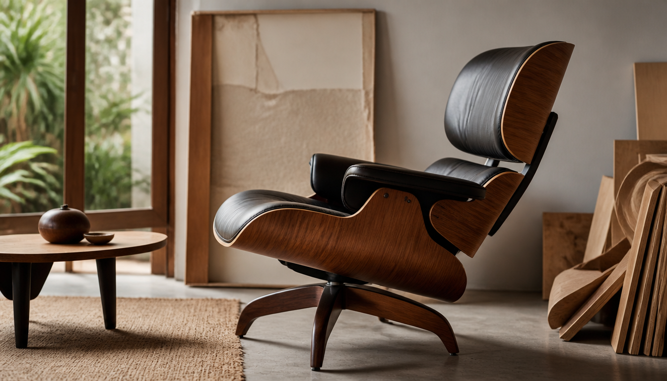 Eames LCW Plywood Lounge Chair in molded plywood with walnut veneer, side view against a light studio background, circa 1945
