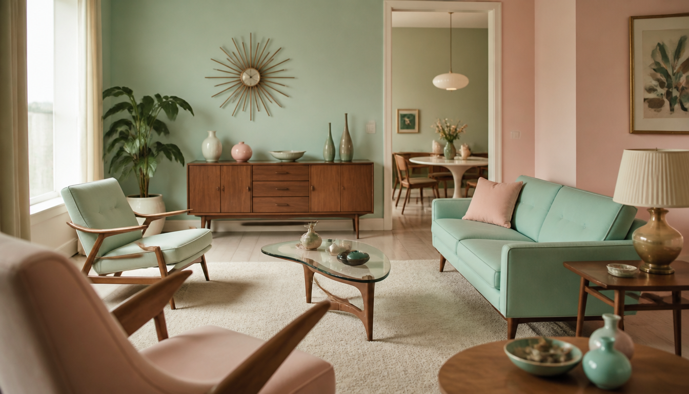 Authentically furnished 1950s living room with pastel-colored furniture in mint green and salmon, a boomerang-patterned coffee table, and a curved kidney-shaped lamp on a linoleum floor