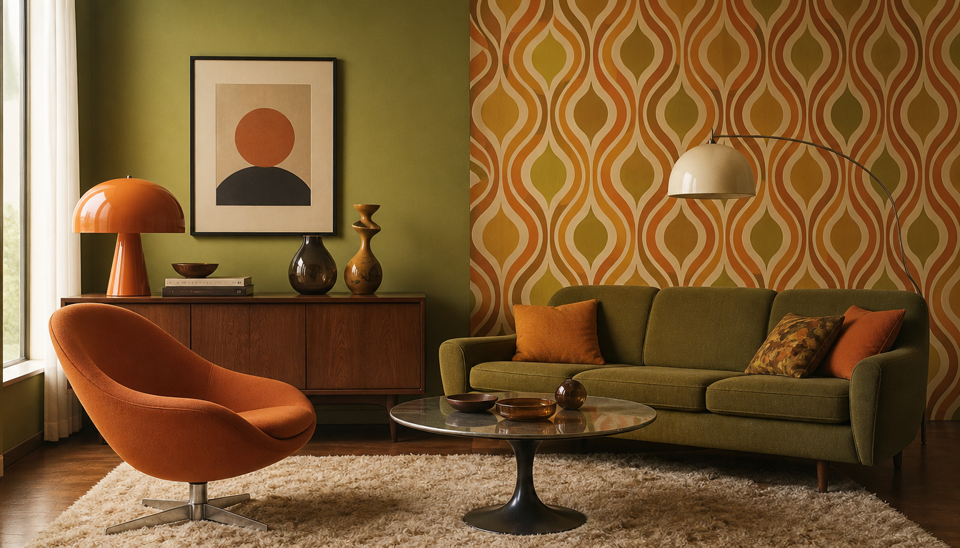 Wohnzimmer im Stil der 1960er Jahre mit orangefarbenen Polstermöbeln, avocadogrünen Akzenten und gemusterten psychedelischen Tapeten im Hintergrund