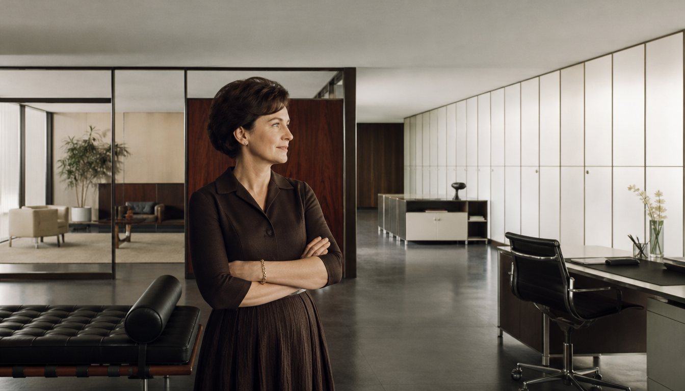 Midcentury office space featuring Florence Knoll modular furniture, clean lines, wood veneers, and geometric seating groups in a light-filled corporate interior from the 1960s