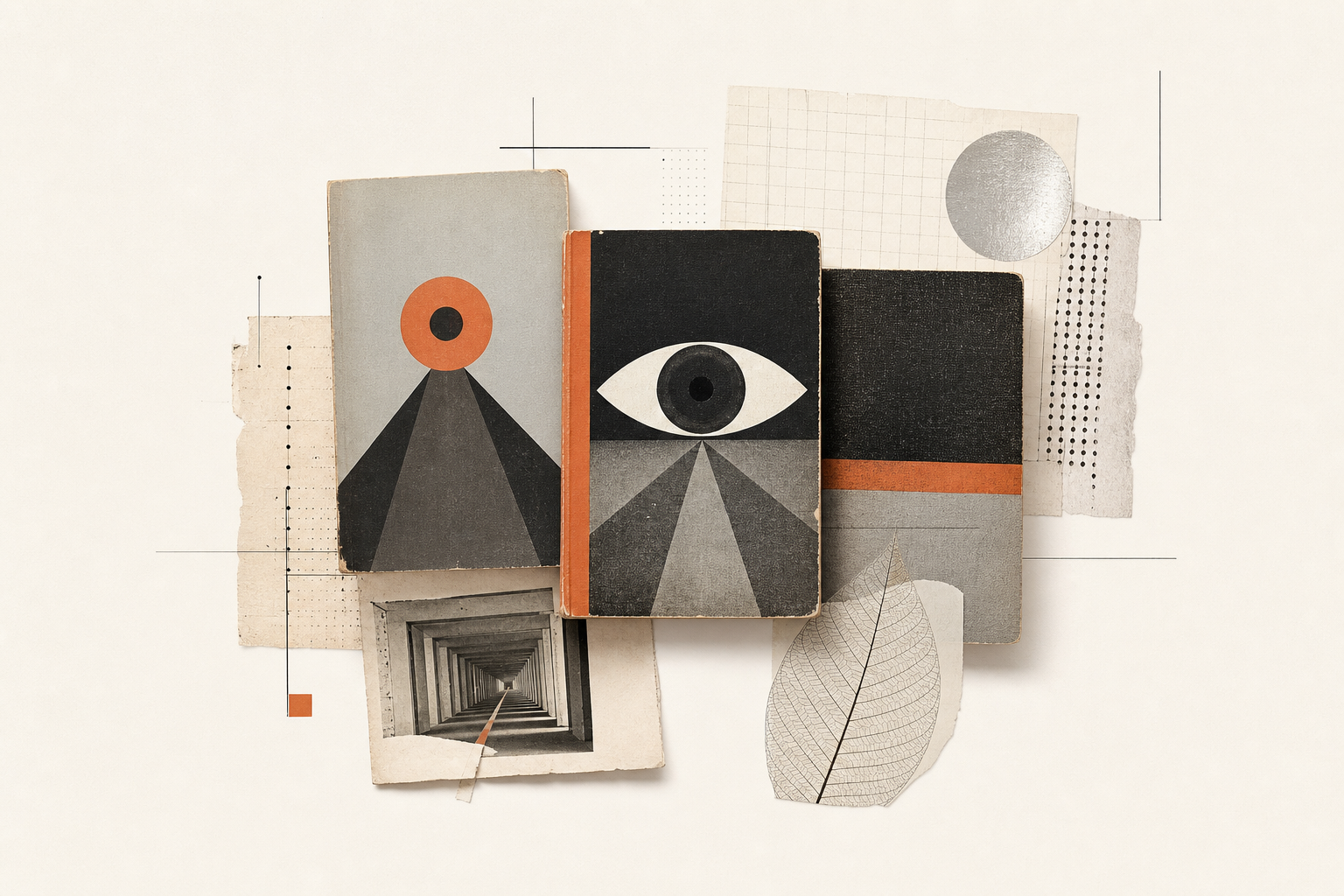 Light editorial illustration with Penguin paperbacks, an abstract eye motif, delicate grid lines, and generous paper-white space in the spirit of Nineteen Eighty-Four cover history