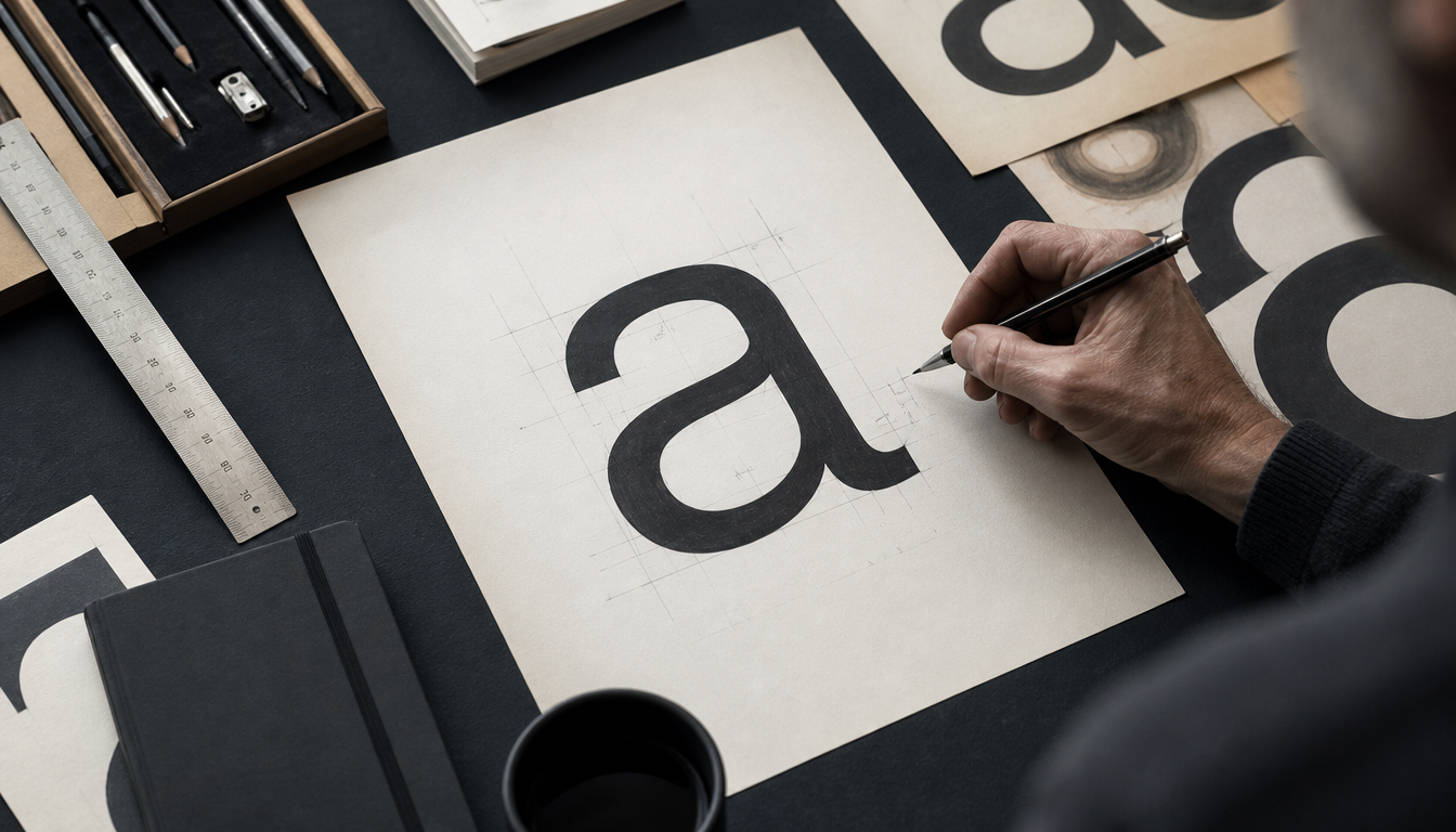 Vintage-Schriftsetzerwerkstatt mit Bleisatz-Lettern der Neue Haas Grotesk aus den späten 1950er Jahren, Lupe und Satzfahne auf Holztisch