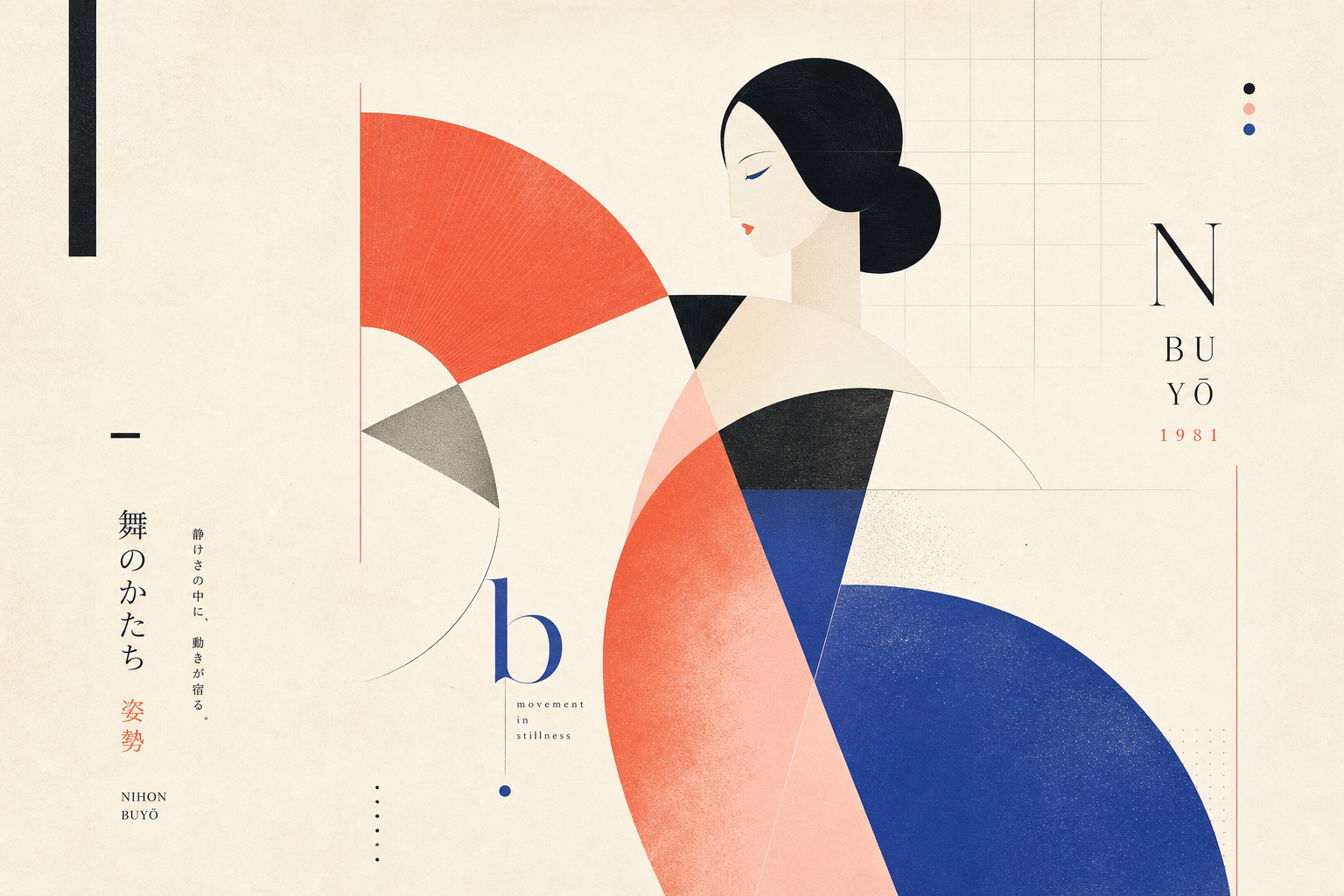 Light editorial illustration with an abstract female performer, delicate geometric forms, generous paper-white space, and calm red-and-blue accents in the spirit of Ikko Tanaka’s Nihon Buyo poster