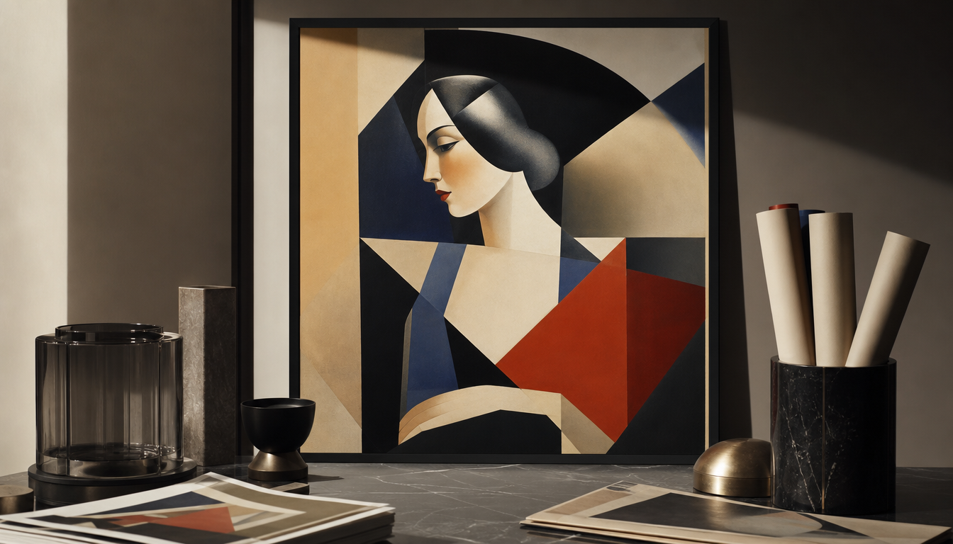 Geometrisch vereinfachtes französisches Werbeplakat im Stil des Kubismus aus den 1930er Jahren mit starken Primärfarben, Blockschrift und abstrahierten menschlichen Figuren