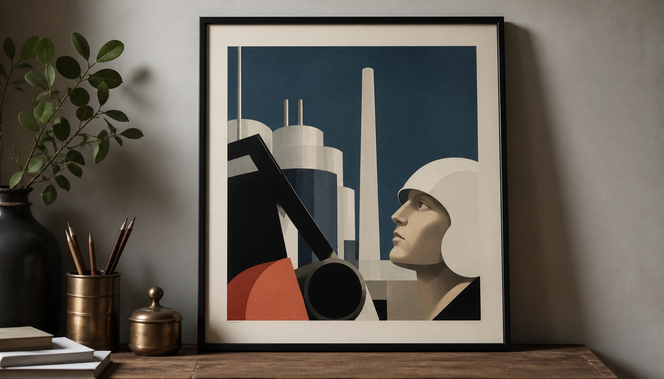 Geometrisch gestaltetes französisches Industrieplakat aus den 1930er Jahren mit fetten Farbflächen, serifenloser Typografie und konstruktivistischen Formen im Stil von Jean Carlu
