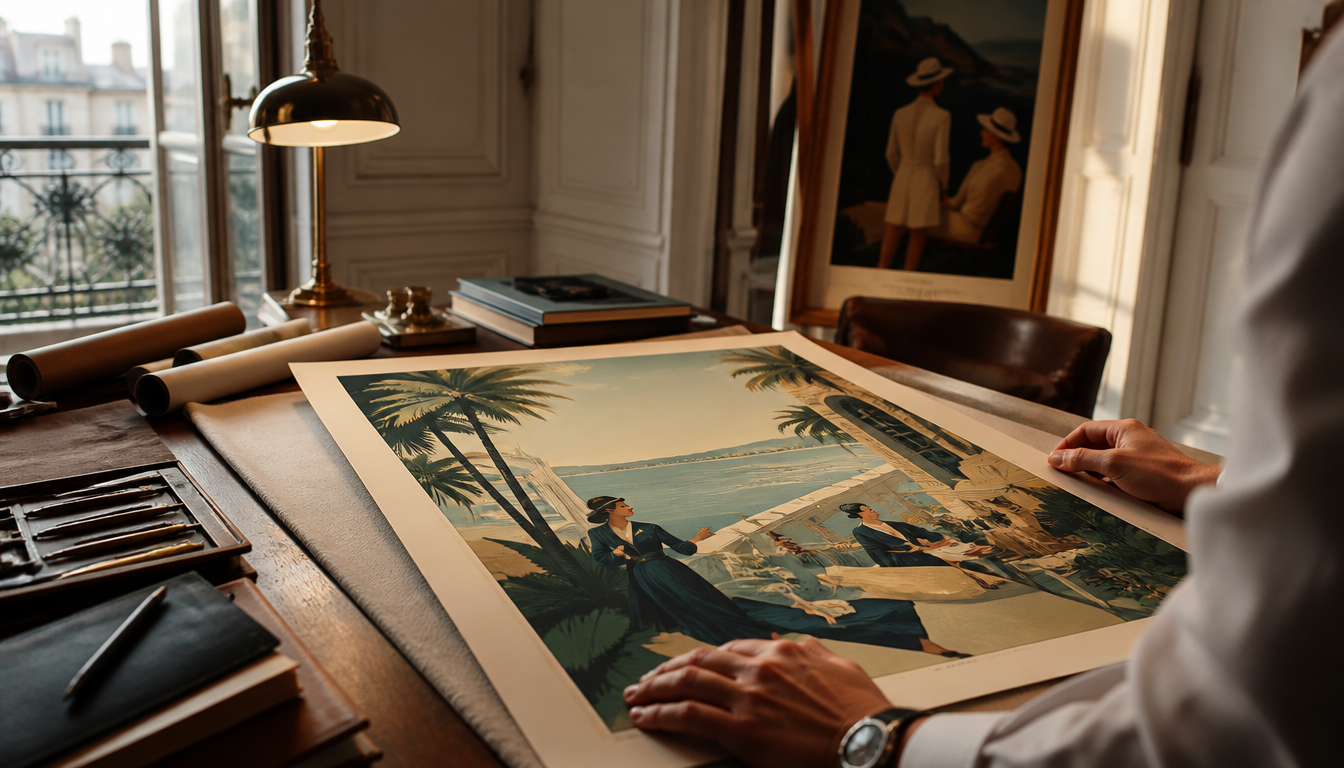 Französisches Art-Déco-Reiseplakat aus den 1930er Jahren mit geometrischen Formen, kräftigen Farben und exotischer Hafenszene im Stil der Zwischenkriegszeit