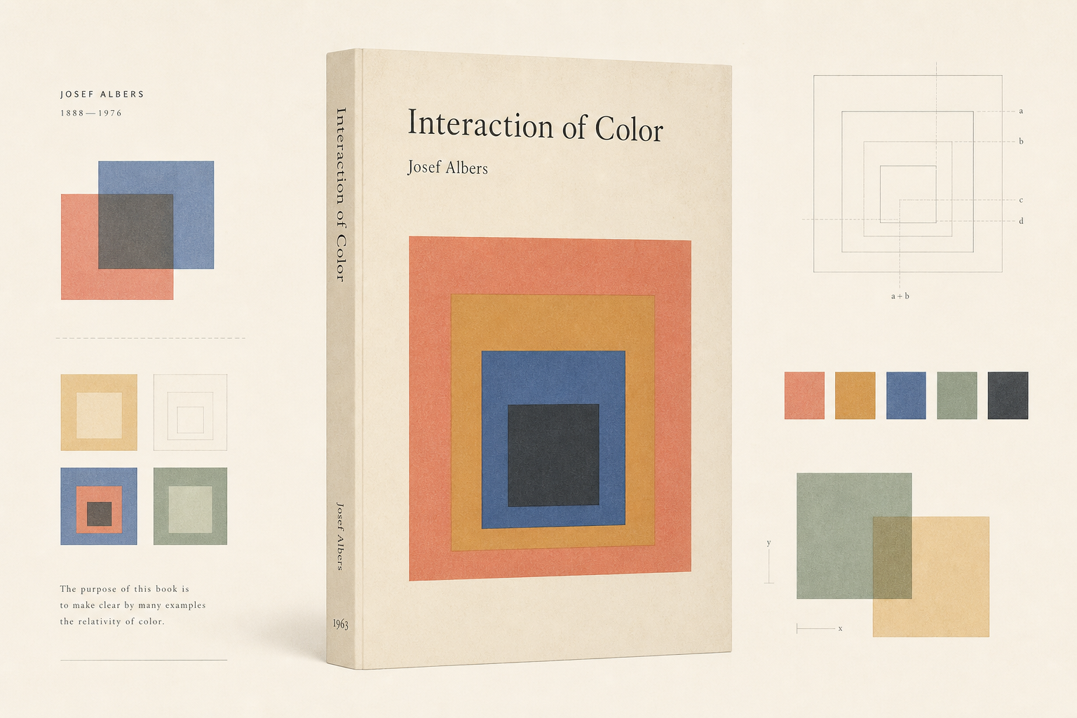 Light editorial illustration with a slim mid-century color-study book, delicate nested squares, generous paper-white space, and calm coral, ochre, ultramarine, and sage accents in the spirit of Josef Albers’s Interaction of Color from 1963