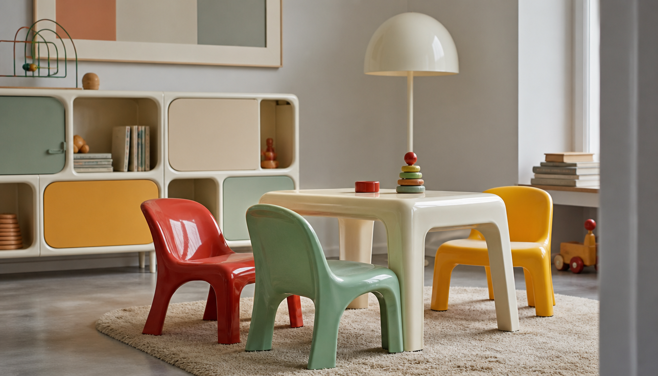 Colorful Kartell children's furniture made of plastic from the 1960s in red, yellow and white, arranged against a bright studio background