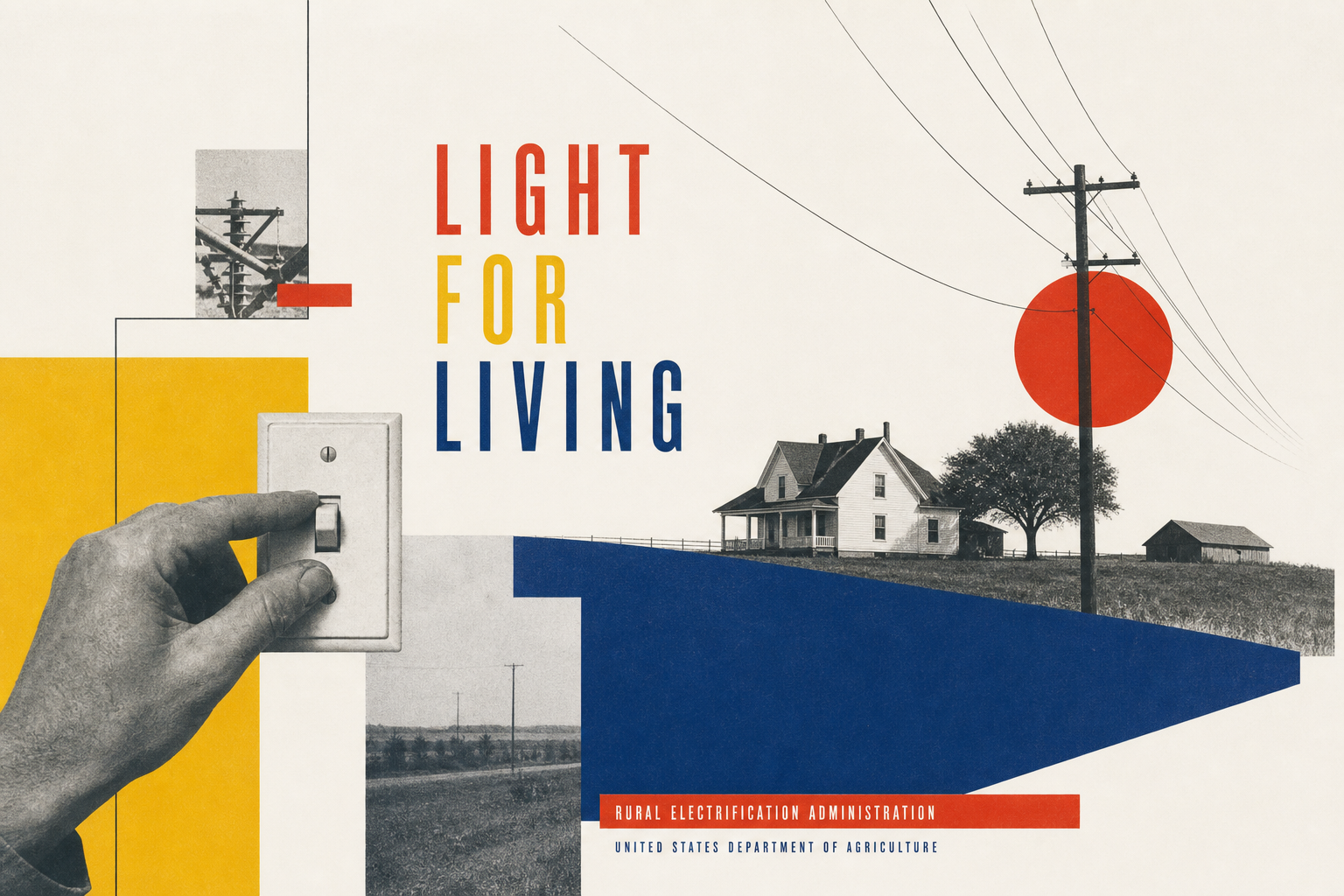 Light editorial illustration with a farmhouse, power lines, geometric colour fields, and generous paper-white space in the spirit of Lester Beall’s REA posters