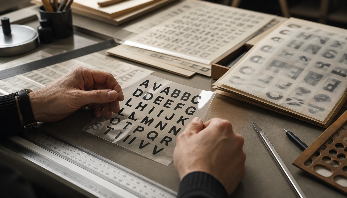 Close-up of a 1970s Letraset transfer sheet featuring various typefaces and individual letters on transparent carrier film, with a stylus and layout paper alongside