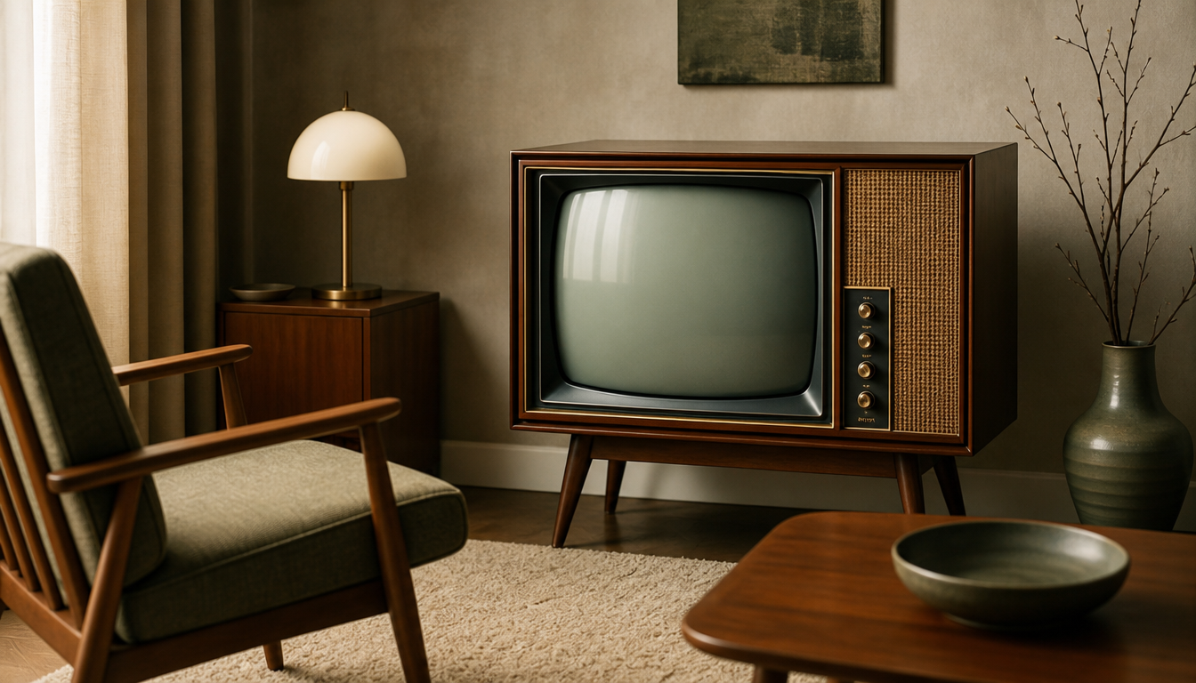 Vintage Loewe cathode ray tube television from the 1960s with wooden housing and round picture tube in a contemporary living room setting