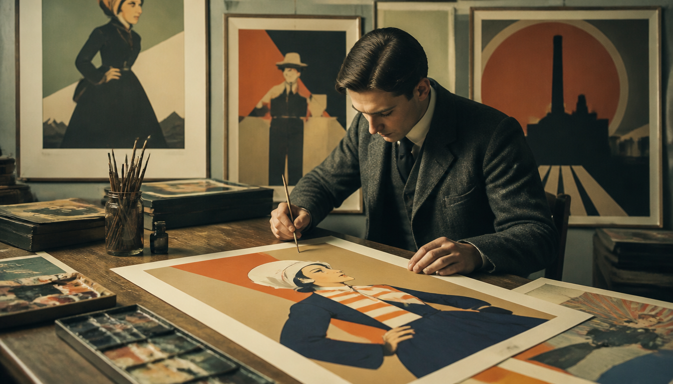 Lithographic advertising poster in the style of Ludwig Hohlwein, Munich around 1910: stylised figure in flat earth tones and high-contrast shadow areas against a neutral background