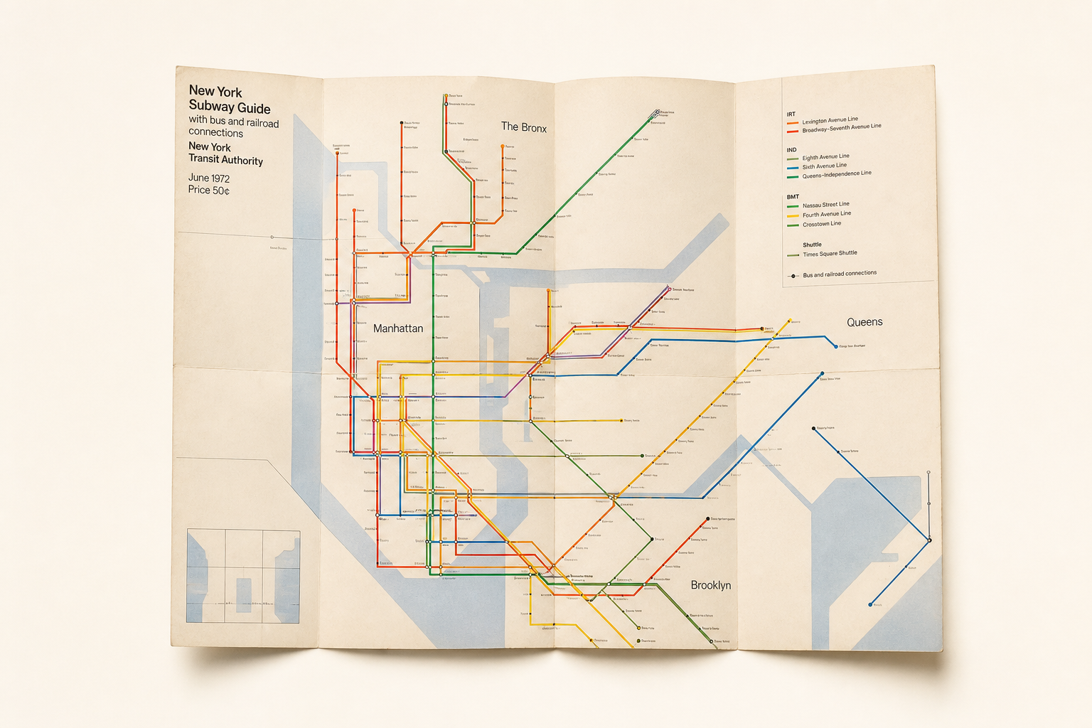 Light editorial illustration with a folded subway guide, fine straight lines in red, yellow, blue, and green, and generous paper-white space in the spirit of the 1972 NYCTA subway map