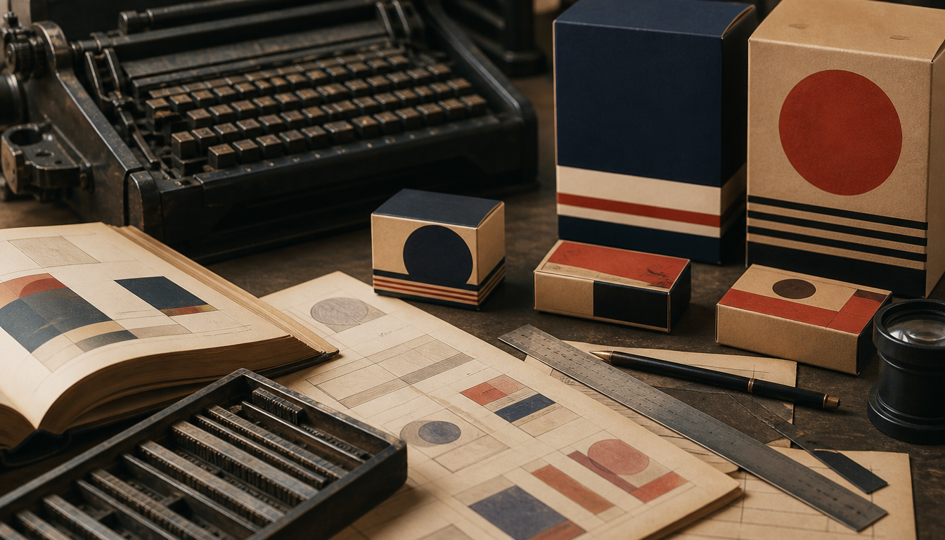 Historische Bleisatz-Druckformen mit Monotype- und Linotype-Schrifttypen aus dem frühen 20. Jahrhundert, arrangiert neben Verpackungsdesigns der 1920er Jahre