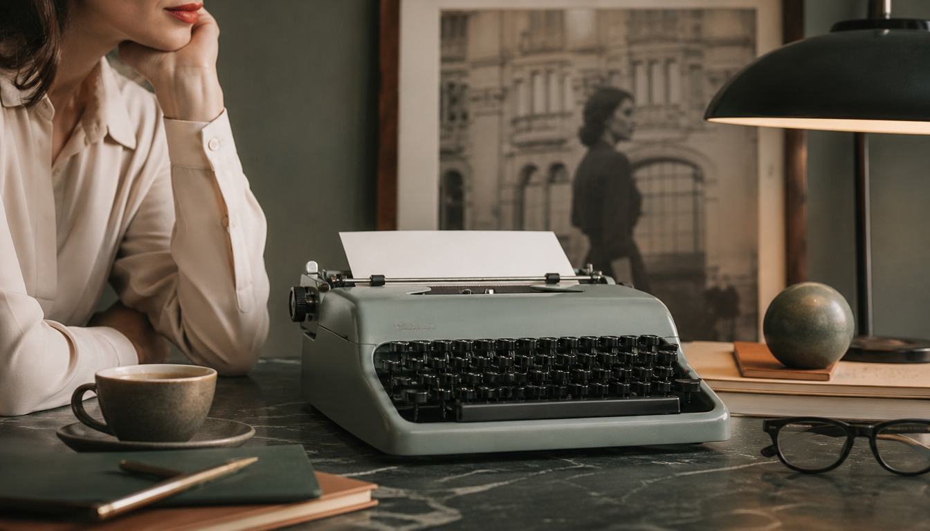 Olivetti Lettera 32 Schreibmaschine in Mintgrün auf einem Holztisch, Frontansicht mit aufgeklappter Abdeckung und eingespanntem Papier, 1960er-Jahre-Ambiente