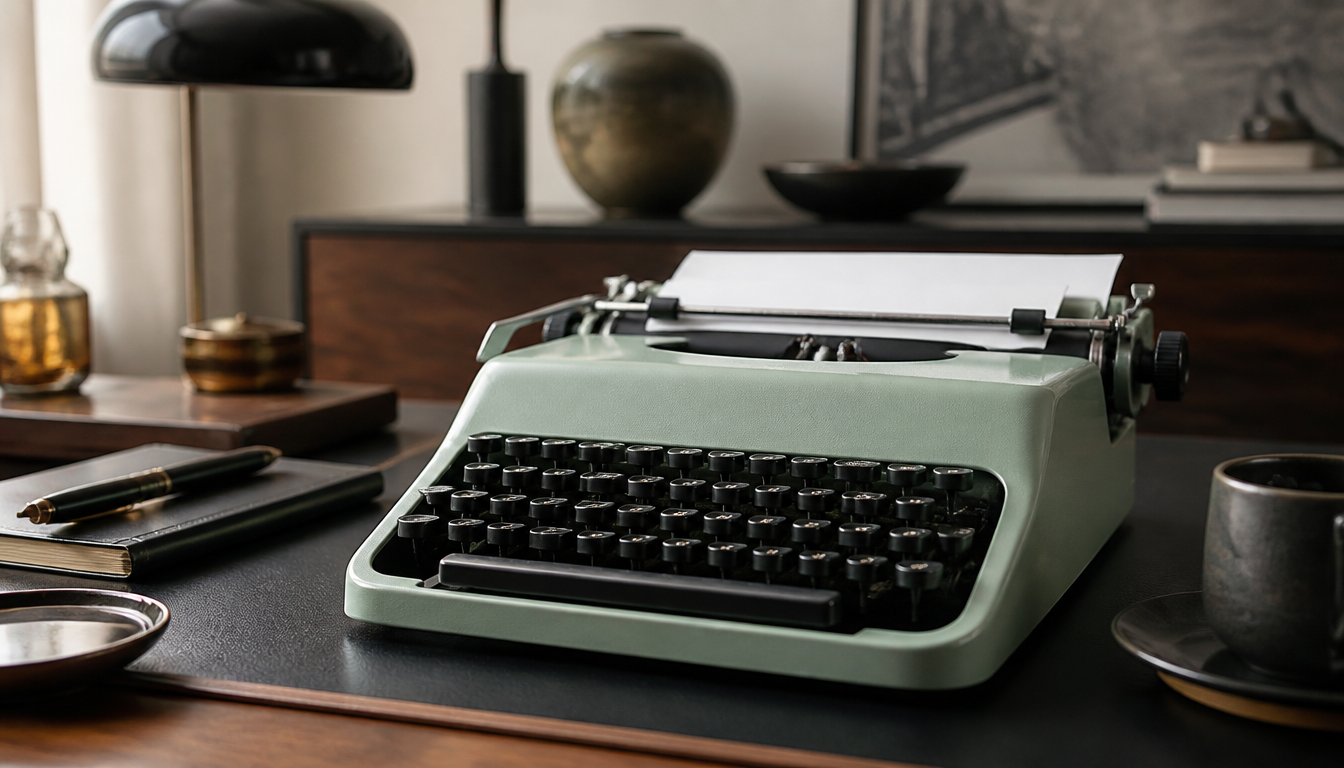 Olivetti Lettera 32 Schreibmaschine in Mintgrün auf einem Holztisch, seitliche Frontansicht mit sichtbarer Tastatur und aufgeklapptem Gehäuse, 1960er-Jahre-Design