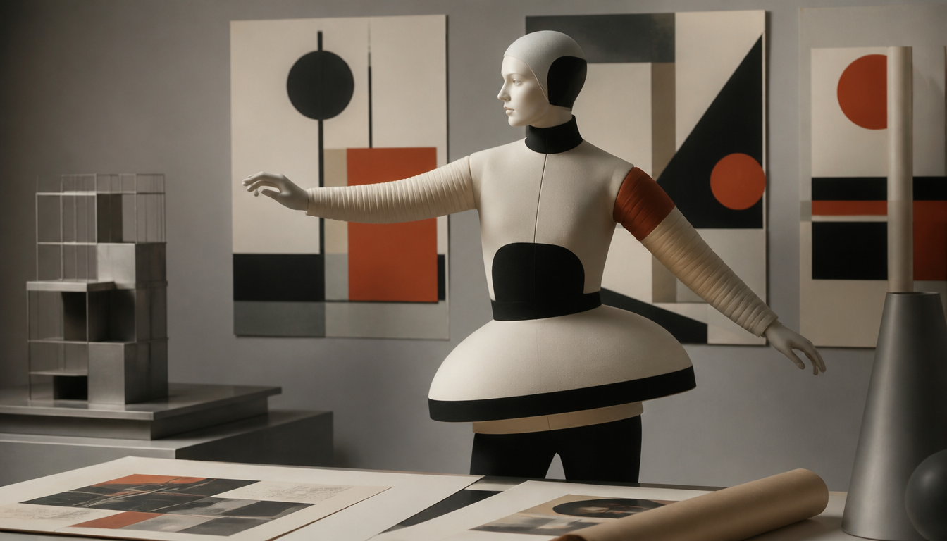 Reproduktion eines Bauhaus-Ausstellungsplakats von 1923 mit geometrischen Formen, stilisierter Menschenfigur und serifenloser Typografie in Schwarz, Rot und Beige