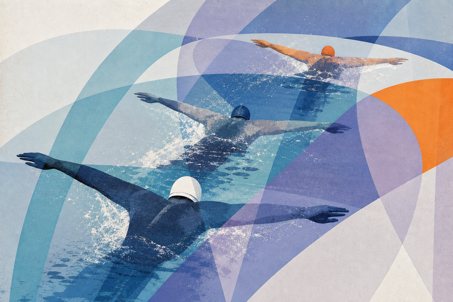 Light editorial illustration in the spirit of 1972 Olympic graphics with swimmers and translucent colour fields