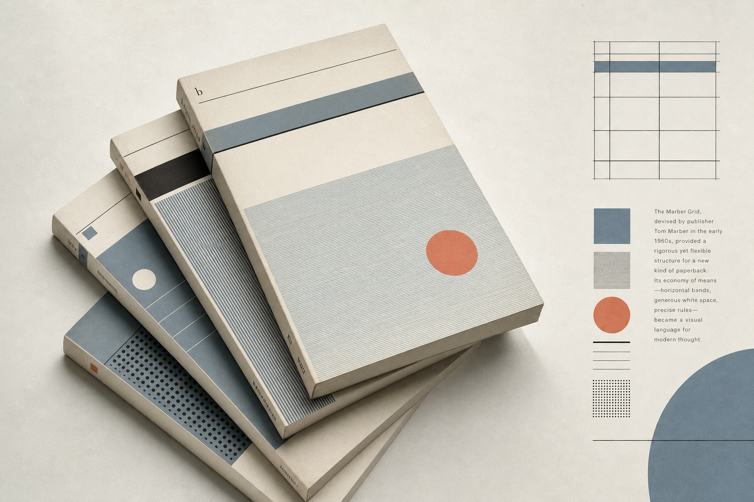 Light editorial illustration with stacked mid-century paperbacks, delicate grid lines, blue-grey panels, and generous paper-white space in the spirit of Penguin Modern Classics